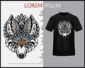 Colorful wolf head mandala arts isolated on black t-shirt