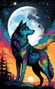 Colorful wolf looking at the moon ai generated Royalty Free Stock Photo