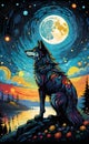 Colorful wolf looking at the moon ai generated Royalty Free Stock Photo
