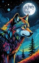Colorful wolf looking at the moon ai generated Royalty Free Stock Photo