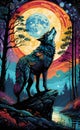 Colorful wolf looking at the moon ai generated Royalty Free Stock Photo