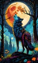 Colorful wolf looking at the moon ai generated Royalty Free Stock Photo