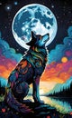Colorful wolf looking at the moon ai generated Royalty Free Stock Photo