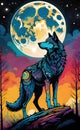 Colorful wolf looking at the moon ai generated Royalty Free Stock Photo