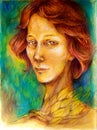 Colorful woman portrait, with red hair, bright golden leaves
