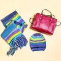 Colorful woman scarf hat and red handbag Royalty Free Stock Photo