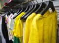 Colorful Women`s dresses on hangers in a fashion store. Shop stylish clothes, close-up. - image. Royalty Free Stock Photo