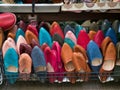 Colorful women`s slippers and shoes in Granada market, Andalusia, Spain, Espana