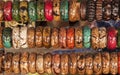 Colorful wood bangles in a row Royalty Free Stock Photo
