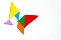 Color wood tangram puzzle in butterfly shape on white background