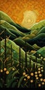 Colorful Woodcarving Inspired Painting Of Mountains And Grass