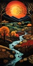 Colorful Woodcarving-inspired Painting Of A Sunset River