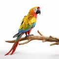 Colorful Woodcarving Style Bird On Branch Perched On White Background