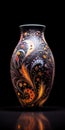 Colorful Woodcarvings On Vase: Dark Violet And Light Amber Artwork