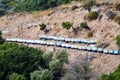 Colorful wooden beehives among olive trees