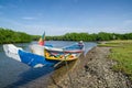 Colorful wooden boat or pirouge moored in mangrove forest of Sine Saloum Delta, Senegal, Africa