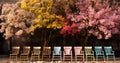 Colorful wooden chairs on the board contrast with the background of colorful flowers and trees Royalty Free Stock Photo