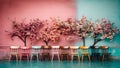 Colorful wooden chairs on the board contrast with the background of colorful flowers and trees Royalty Free Stock Photo