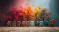 Colorful wooden chairs on the board contrast with the background of colorful flowers and trees Royalty Free Stock Photo