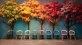 Colorful wooden chairs on the board contrast with the background of colorful flowers and trees Royalty Free Stock Photo