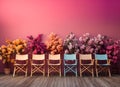 Colorful wooden chairs on the board contrast with the background of colorful flowers and trees Royalty Free Stock Photo