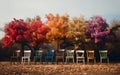 Colorful wooden chairs on the board contrast with the background of colorful flowers and trees Royalty Free Stock Photo