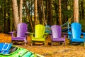 Colorful wooden chairs at rivers edge in the colors of Autumn, w Royalty Free Stock Photo