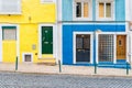 Colorful wooden doors in the facade of a typical Lisbon house, Portugal Royalty Free Stock Photo