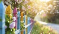 Colorful wooden fence in the garden with pink tree blossom in spring Royalty Free Stock Photo