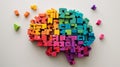 Colorful wooden geometric puzzle brain model. Neurodiversity concept.