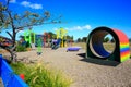 Colorful wooden Kids playground tunnel. Levin, New Zealand