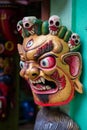 Colorful wooden masks and handicrafts on sale at shop in the Thamel District of Kathmandu, Nepal. Royalty Free Stock Photo