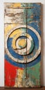 Colorful Wooden Painting With Distressed Materials And Rustic Textures