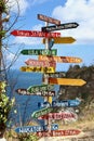 Colorful wooden sign with the names of landmarks and distances in Rumah Pohon Molenteng view point, one of the most amazing spots