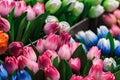 Colorful wooden souvenir tulips at a market