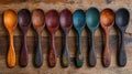 Colorful wooden spoons arranged on a rustic wooden surface Royalty Free Stock Photo