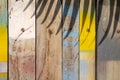 Colorful wooden surface with palm leaf shadow. Painted timber texture. Natural boho background