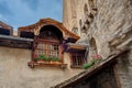 Colorful wooden tones and windowboxes at Chillon Castle Switzeerland Royalty Free Stock Photo