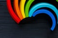 Colorful wooden toy rainbow, arc rainbow for children, toys for creativity development. Children`s waldorf or montessori school Royalty Free Stock Photo