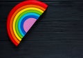 Colorful wooden toy rainbow, arc rainbow for children, toys for creativity development. Children`s waldorf or montessori school Royalty Free Stock Photo