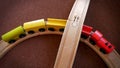 Colorful Wooden Train Toy Under the Bridge Royalty Free Stock Photo