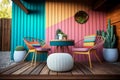 colorful wooden wall, chair and table set on wooden floor, backyard design, 3d rendering, 3d illustration, generative Ai