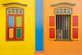 Colorful wooden window exterior Colonial style architecture building or home and living in Little India, Singapore