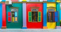 Colorful wooden window exterior Colonial style architecture building or home and living in Little India, Singapore