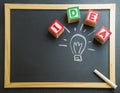 Colorful wooden word Idea with lamp drawing on Blackboard3 Royalty Free Stock Photo