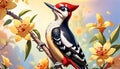 Colorful woodpecker bird illustration flower blossom tree roost