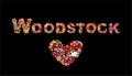 Colorful Woodstock flowers lettering and hippie heart shape with flower power, rainbow and paper dove for t shirt print, party pos