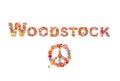 Colorful Woodstock flowers lettering and hippie peace symbol with flower power for t shirt print, party poster and other design on Royalty Free Stock Photo