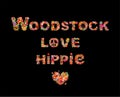 Colorful Woodstock, love and hippie flowers lettering with hippie peace symbol, heart shape for t shirt print, party poster and ot Royalty Free Stock Photo