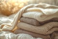 Colorful wool or alpaca blankets stacked in pile. Generative AI Royalty Free Stock Photo
